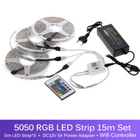 5m 10m 15m WiFi LED Strip Light 5050 RGB Changeable DC12V Flexible LED Light WiFi Controller + Adapter Plug.